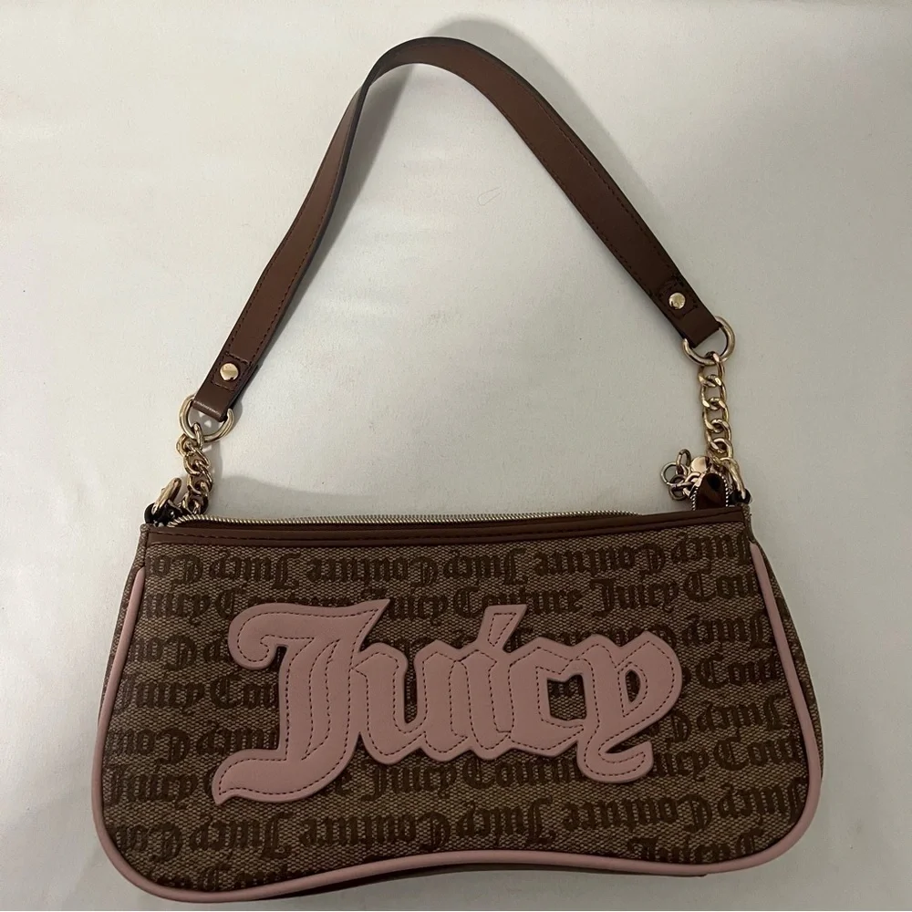 Juicy Couture Women Shoulder Bag Purse Chestnut/Pink Gold Dangle All Over Print